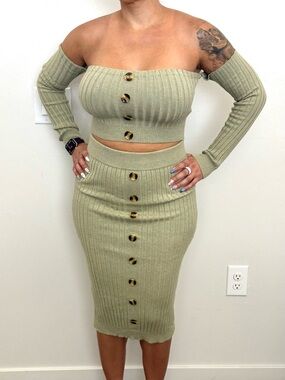 Forever 21 Ribbed Knit Set S Olive Bodycon Skirt Off Shoulder Top